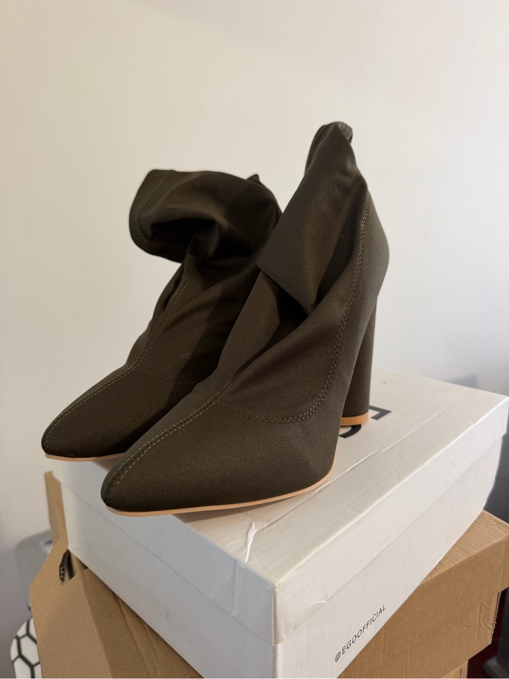 EGO Olive Green Pointed Sock Heeled Boots